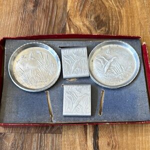 Vintage Silver 4 Coaster and 2 Matchbox Set with Bird Design in original box